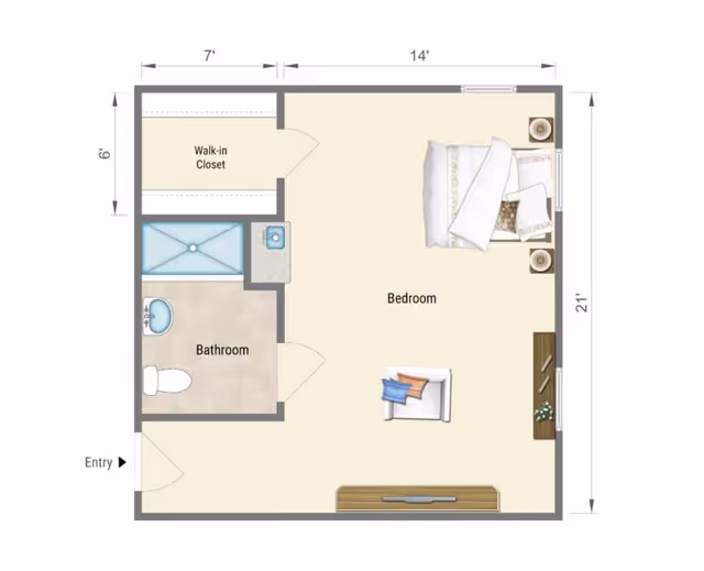 Floor plan of a living space at Hampton Manor Deerwood showing a bedroom with a bed, chair, and TV stand, a bathroom with a toilet, sink, and shower, and a walk-in closet. The entry door is located near the bathroom.