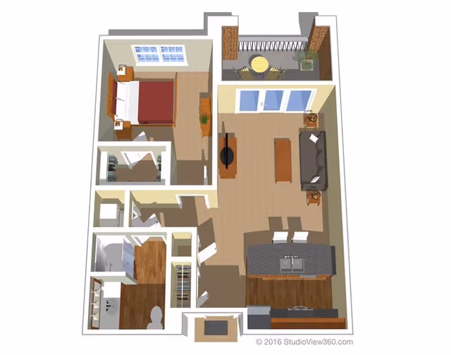 3D floor plan of an apartment unit showing a bedroom with a bed and nightstands, a bathroom with a shower and toilet, a kitchen with an island and sink, a living room with a sofa and coffee table, and a balcony with a small table and chairs.