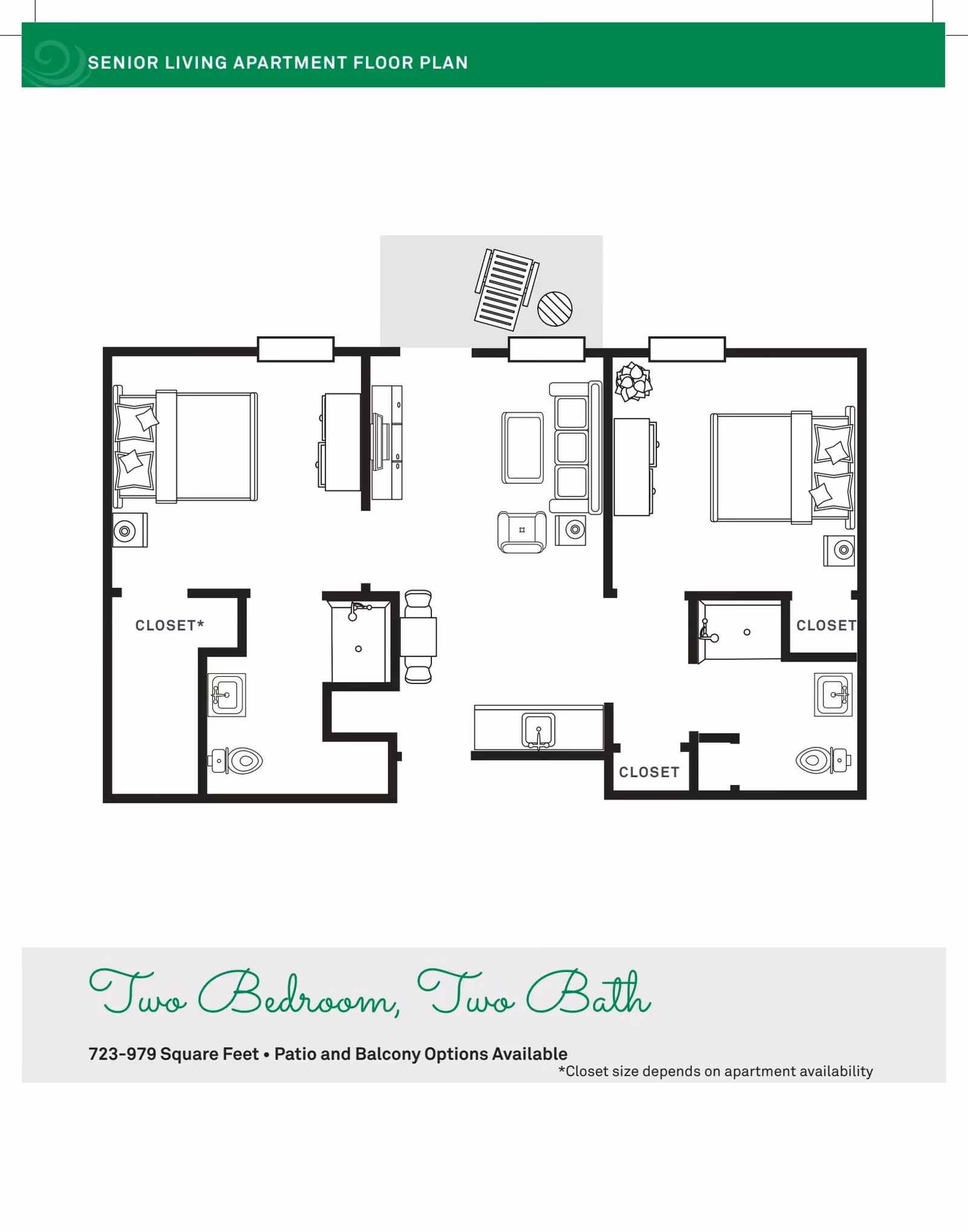 Floor plan of a senior living apartment showing two bedrooms, two bathrooms, closets, a living room with seating, and a kitchen area. There is also a patio or balcony with outdoor furniture. The layout includes labeled closets and bathrooms adjacent to each bedroom.