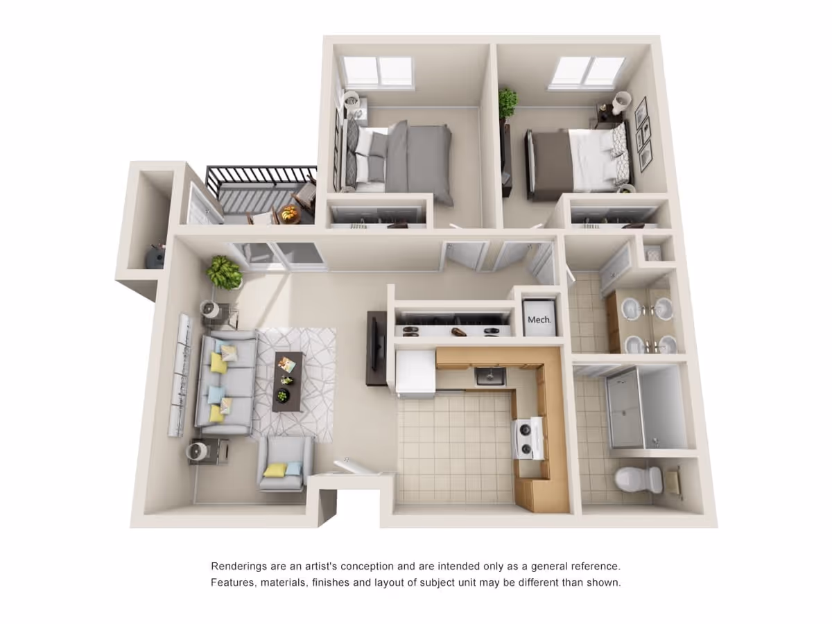 3D floor plan of a two-bedroom apartment featuring a living room with sofa and armchair, a kitchen with appliances, a bathroom with double sinks, toilet and shower, two bedrooms with beds and nightstands, and a small balcony with outdoor seating.