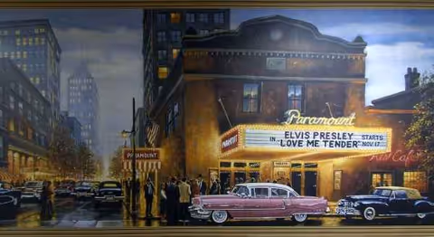 Interior wall mural depicting a vintage Paramount theater scene with classic cars.