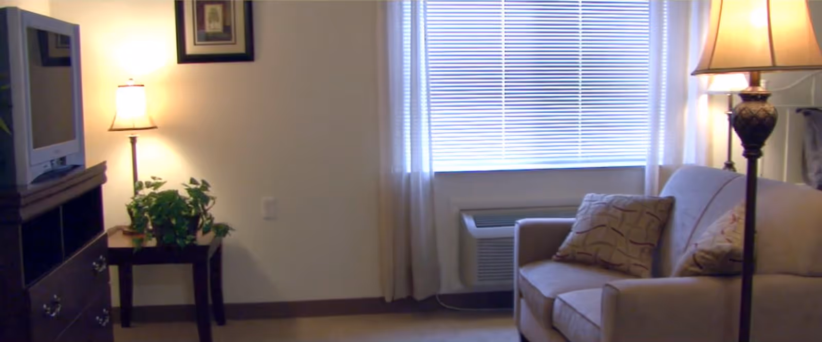 A cozy living room area with a beige sofa adorned with two patterned pillows, a floor lamp with a beige shade, a small wooden side table with a green potted plant, a television on a wooden stand, and a window with closed blinds and sheer curtains.