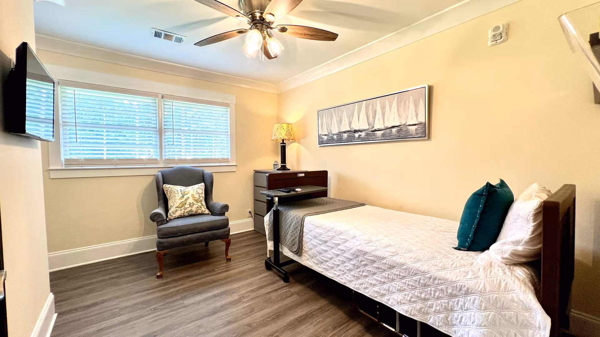 Private senior bedroom with a single bed, armchair, bedside table and lamp, ceiling fan and wall-mounted TV.