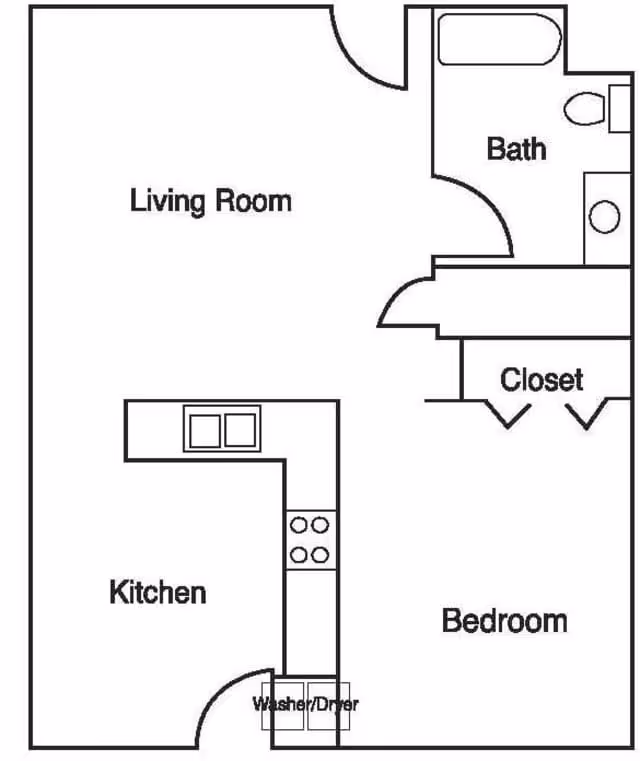 Black and white floor plan of a living space showing a living room, kitchen with washer/dryer, bedroom, bathroom, and closet.
