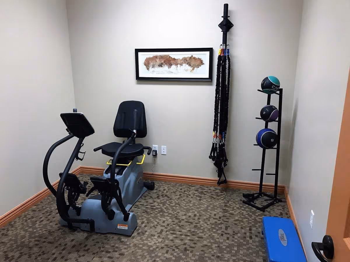 Small exercise room with a recumbent stationary bike, hanging resistance bands, a rack of medicine balls, and a blue step platform.