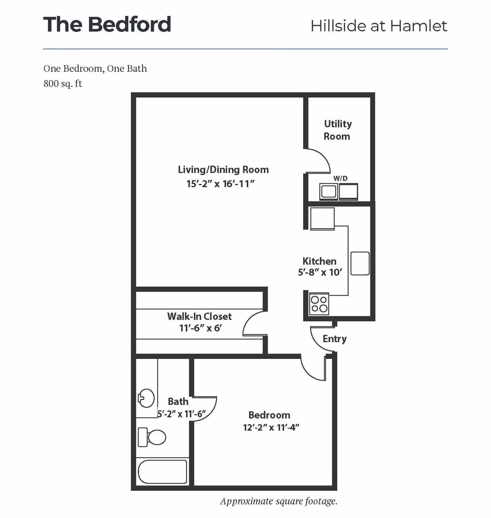 Floor plan of The Bedford at Hillside at Hamlet, showing one bedroom, one bathroom, living/dining room, kitchen, utility room, walk-in closet, and entry with approximate dimensions.