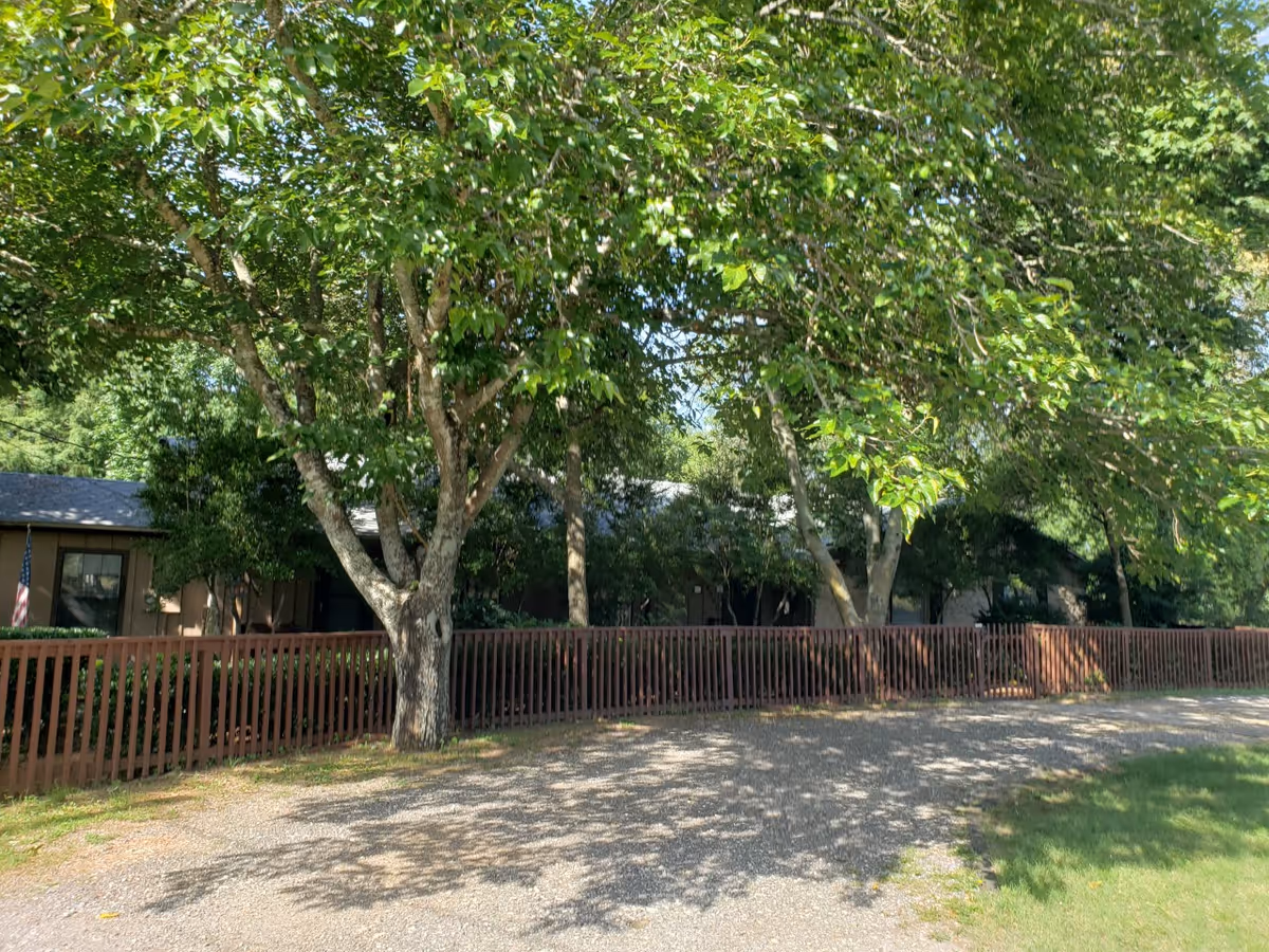 Exterior view of a single-story building partially obscured by trees behind a wooden fence and gravel driveway.