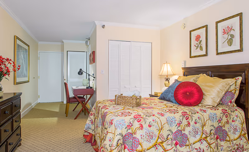 Furnished bedroom with a floral bedspread, multiple pillows, a nightstand lamp, dresser, and small desk.