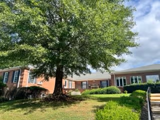 Exterior view of a single-story brick building with large windows, surrounded by green bushes and a large tree in the foreground under a partly cloudy sky.