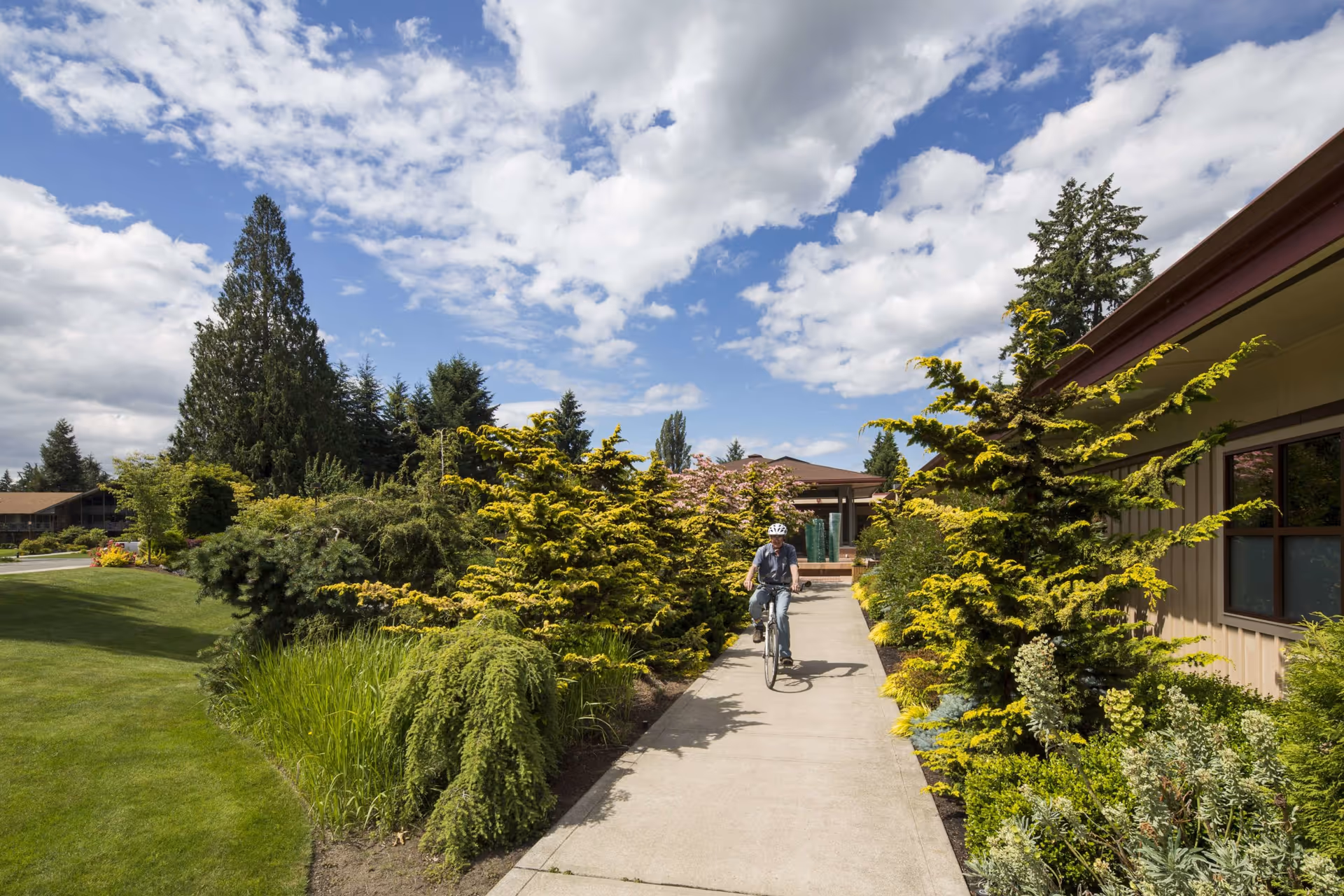 A person wearing a helmet rides a bicycle on a paved walkway surrounded by lush green bushes and trees. The sky is partly cloudy with patches of blue. A building with windows is visible on the right side of the walkway.