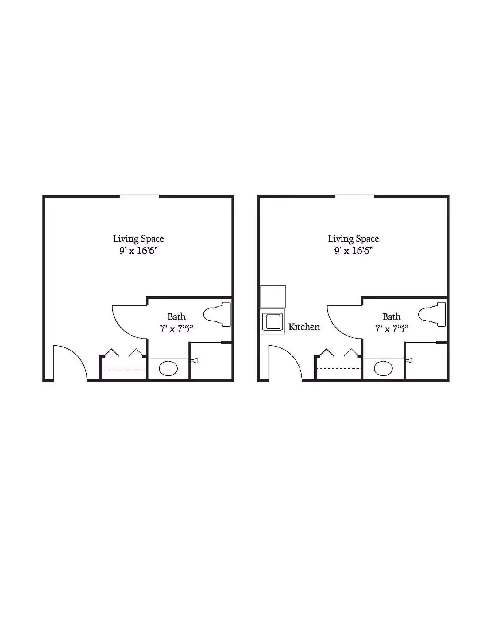 Two architectural floor plans side by side showing layouts with labeled living space, bath, and kitchen areas. Both plans feature a living space measuring 9 feet by 16 feet 6 inches and a bath measuring 7 feet by 7 feet 5 inches. The right plan includes a kitchen area near the entrance.