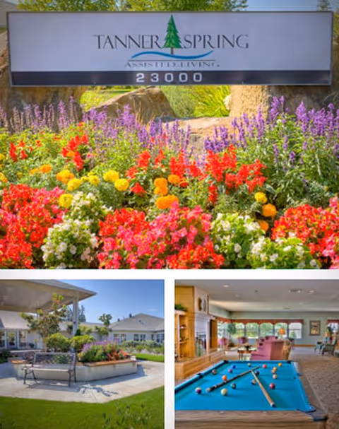 Front sign of Tanner Spring Assisted Living surrounded by flowers, with outdoor seating and game room