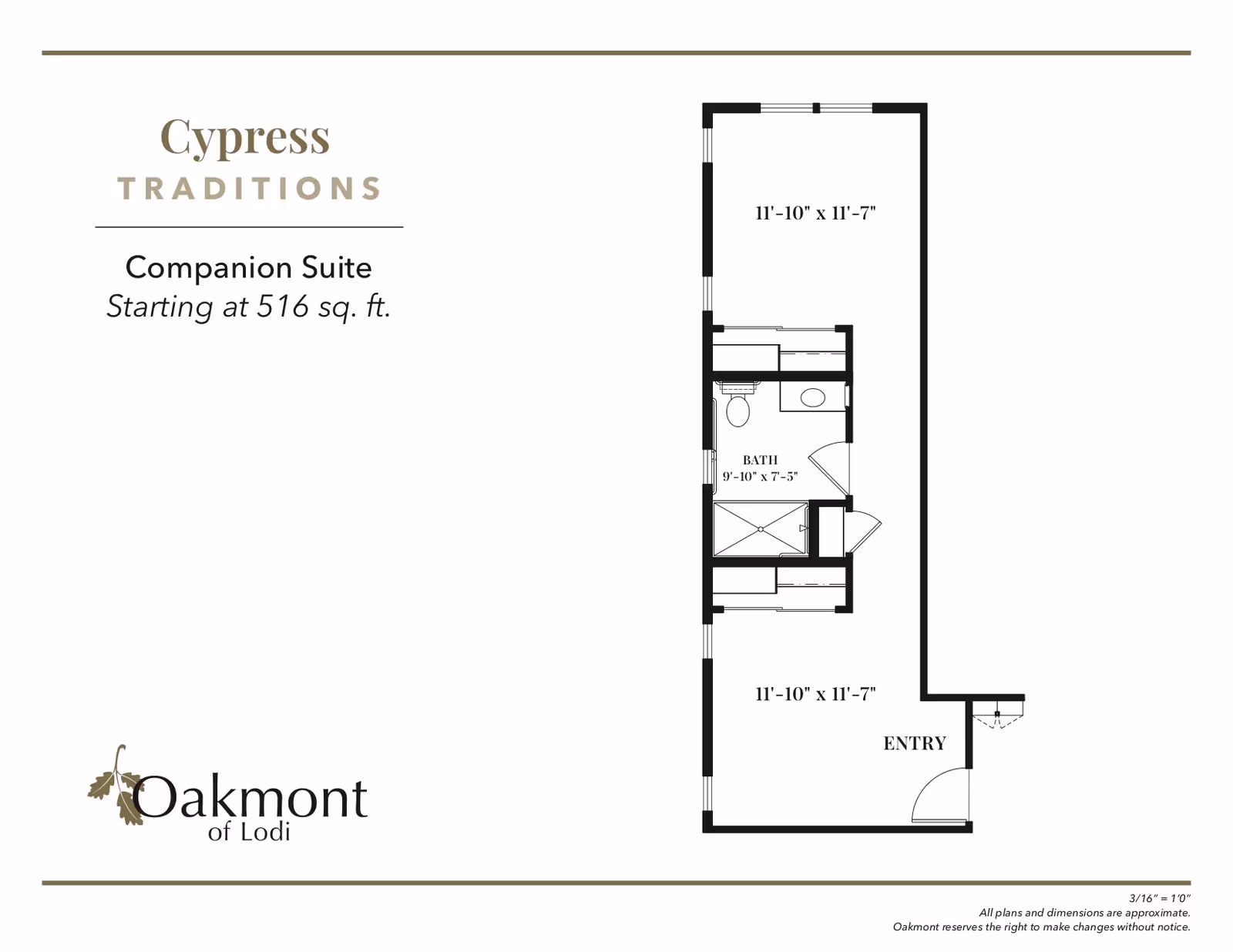 Floor plan layout of the Cypress Traditions Companion Suite at Oakmont of Lodi, starting at 516 square feet, showing two rooms each measuring 11'-10" x 11'-7", a bathroom measuring 9'-10" x 7'-5", and an entry area.