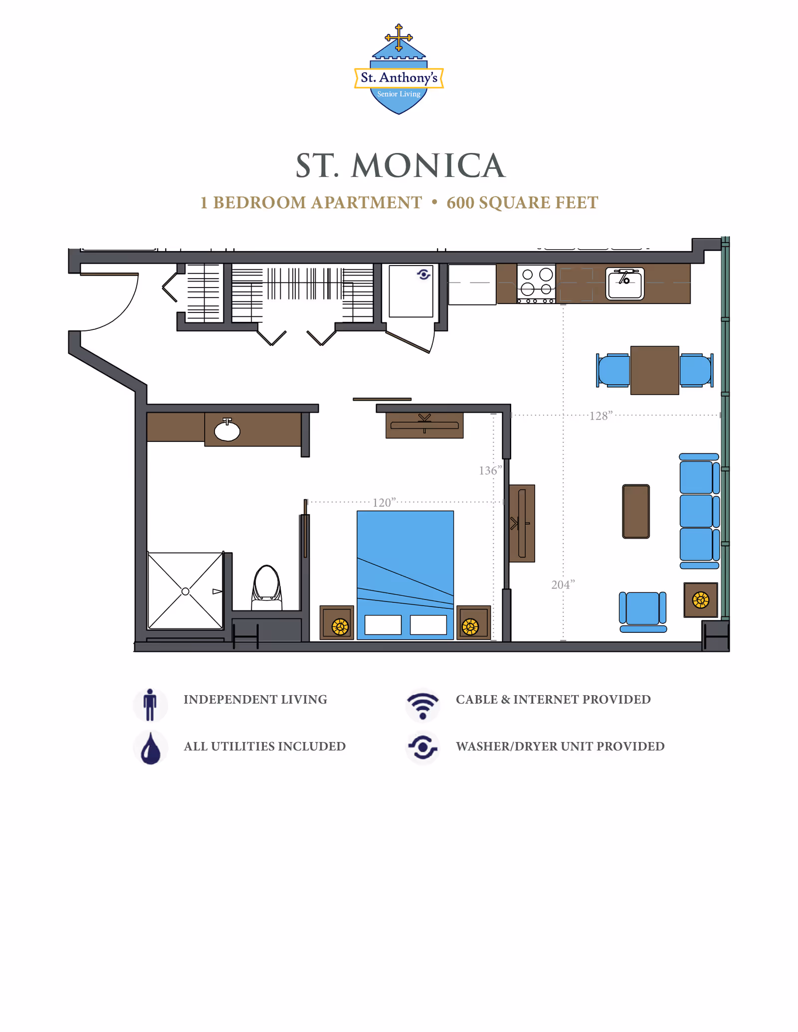 Floor plan of St. Monica, a 1 bedroom apartment with 600 square feet at St. Anthony’s Senior Living. The layout includes a bedroom with a bed and nightstands, a bathroom with a shower and toilet, a kitchen area with appliances and a dining table with chairs, and a living room area with a sofa, chair, coffee table, and TV stand. Additional features include closet space and a washer/dryer unit.