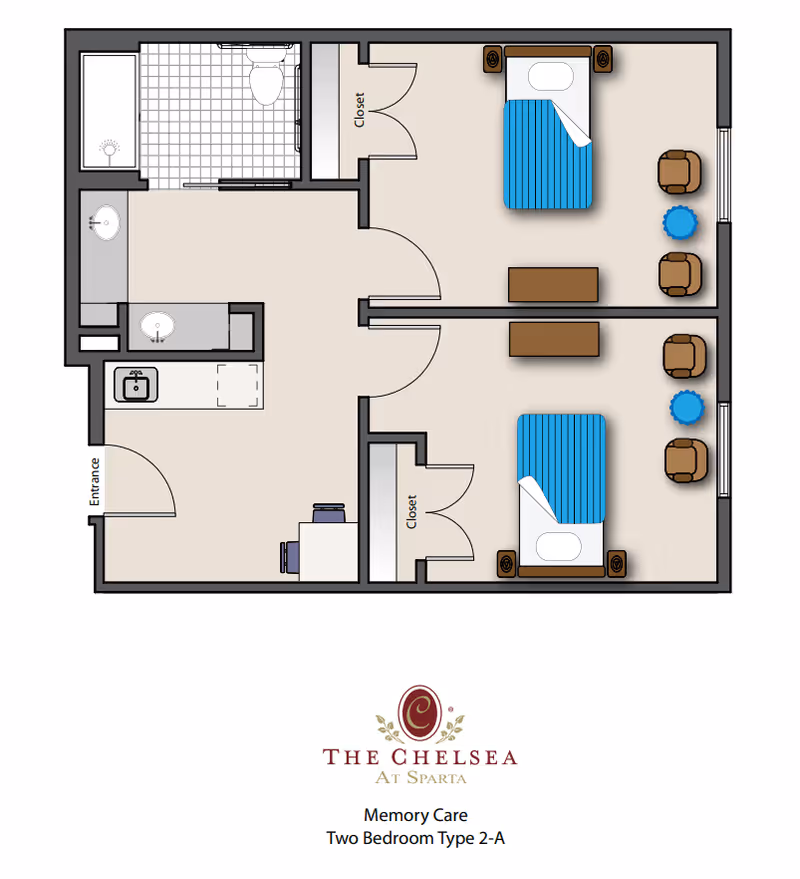 Floor plan of a memory care two-bedroom apartment type 2-A at The Chelsea at Sparta, showing two bedrooms each with a bed, nightstands, chairs, and a table, a bathroom with a shower and toilet, closets, a kitchenette with a sink, and an entrance area.