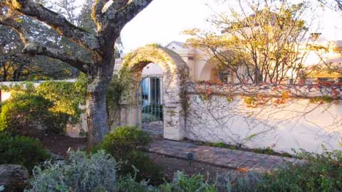 Entrance gate framed by vines and a stucco wall, with a landscaped garden path.