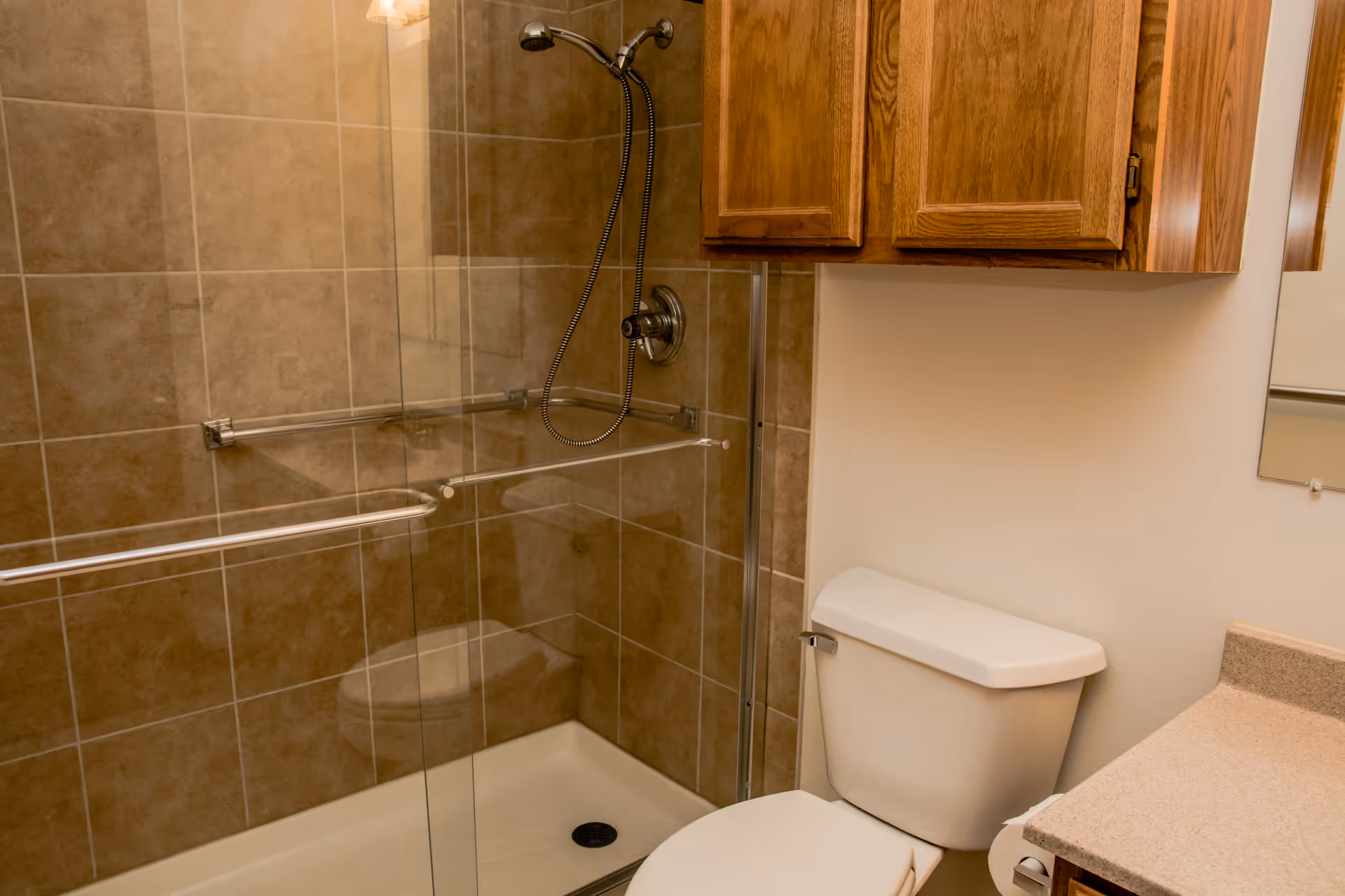 A bathroom with a glass-enclosed shower featuring beige tiles and a handheld showerhead. Next to the shower is a white toilet and above it are wooden cabinets. A countertop with a sink is partially visible on the right side.