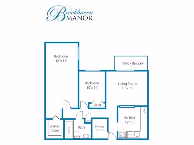 Floor plan of an apartment at Brookhaven Manor showing two bedrooms, a living room, kitchen, bathroom, walk-in closet, storage, linen closet, shower, and a patio/balcony.