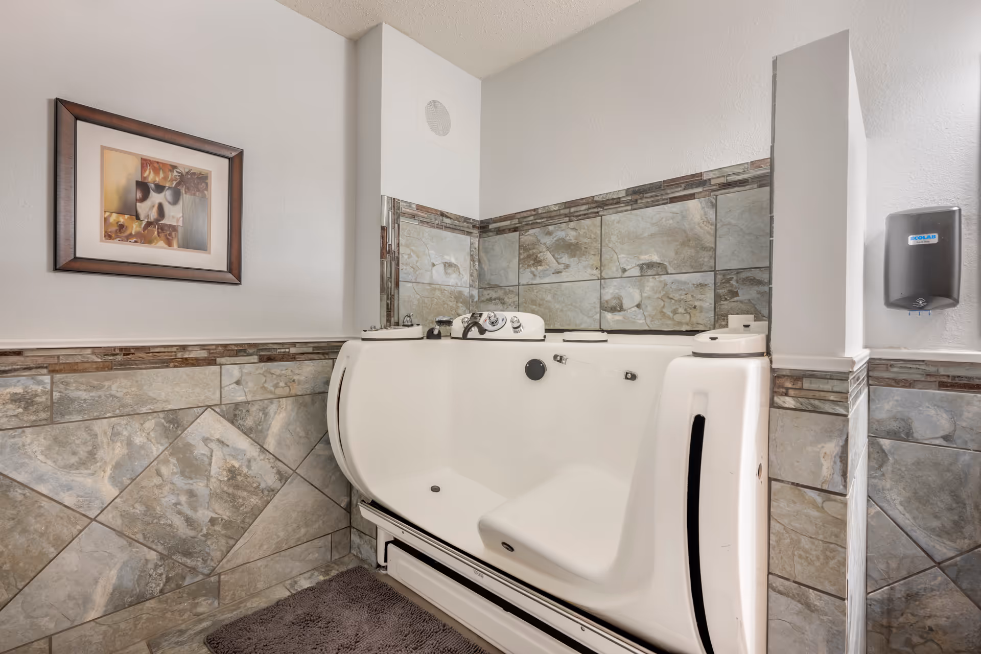 A walk-in bathtub with a seat and faucet, surrounded by tiled walls with a decorative border. There is a framed abstract artwork on the wall and a soap or sanitizer dispenser mounted on the right wall. A dark bath mat is placed on the floor in front of the tub.