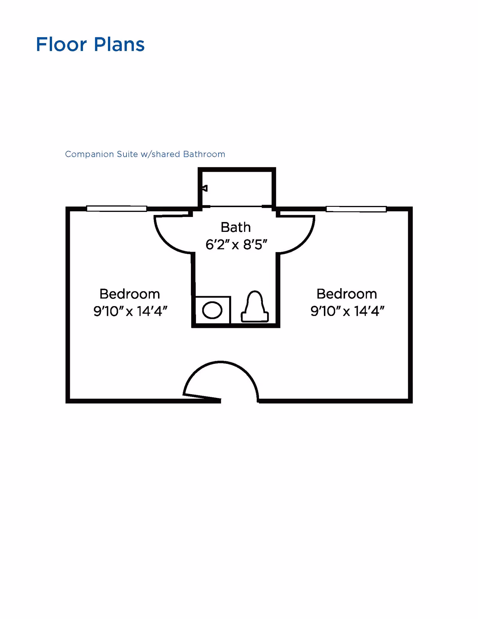 Floor plan of a companion suite with two bedrooms and a shared bathroom. Each bedroom measures 9 feet 10 inches by 14 feet 4 inches. The bathroom, located between the bedrooms, measures 6 feet 2 inches by 8 feet 5 inches and includes a toilet and a sink.