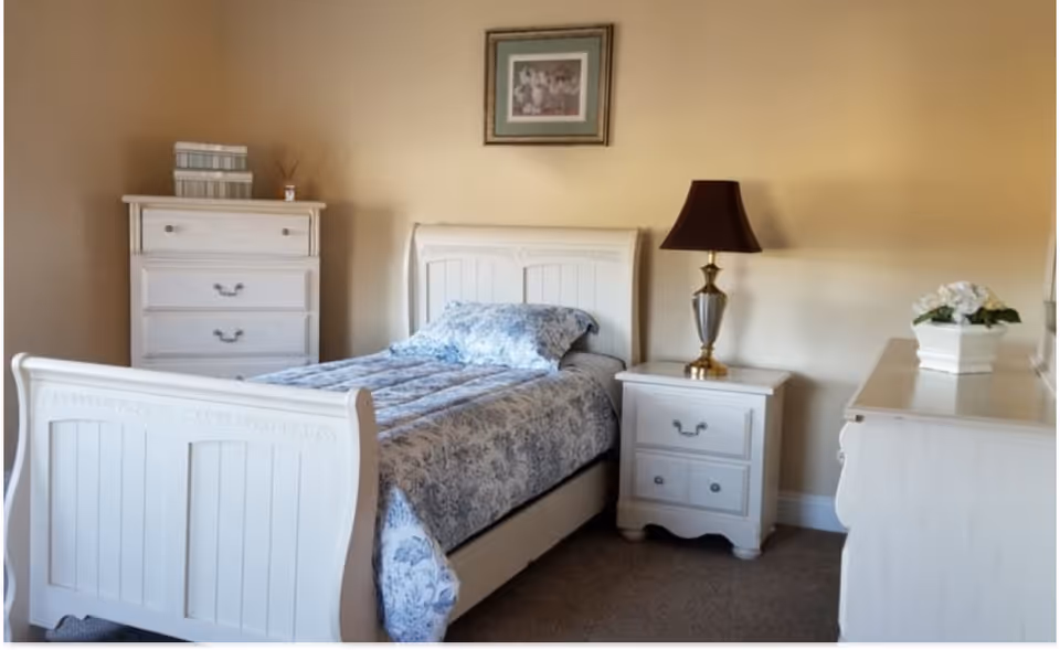 Sunlit bedroom with a white wooden bed, matching dressers and nightstand, a table lamp, and a framed picture on a beige wall.