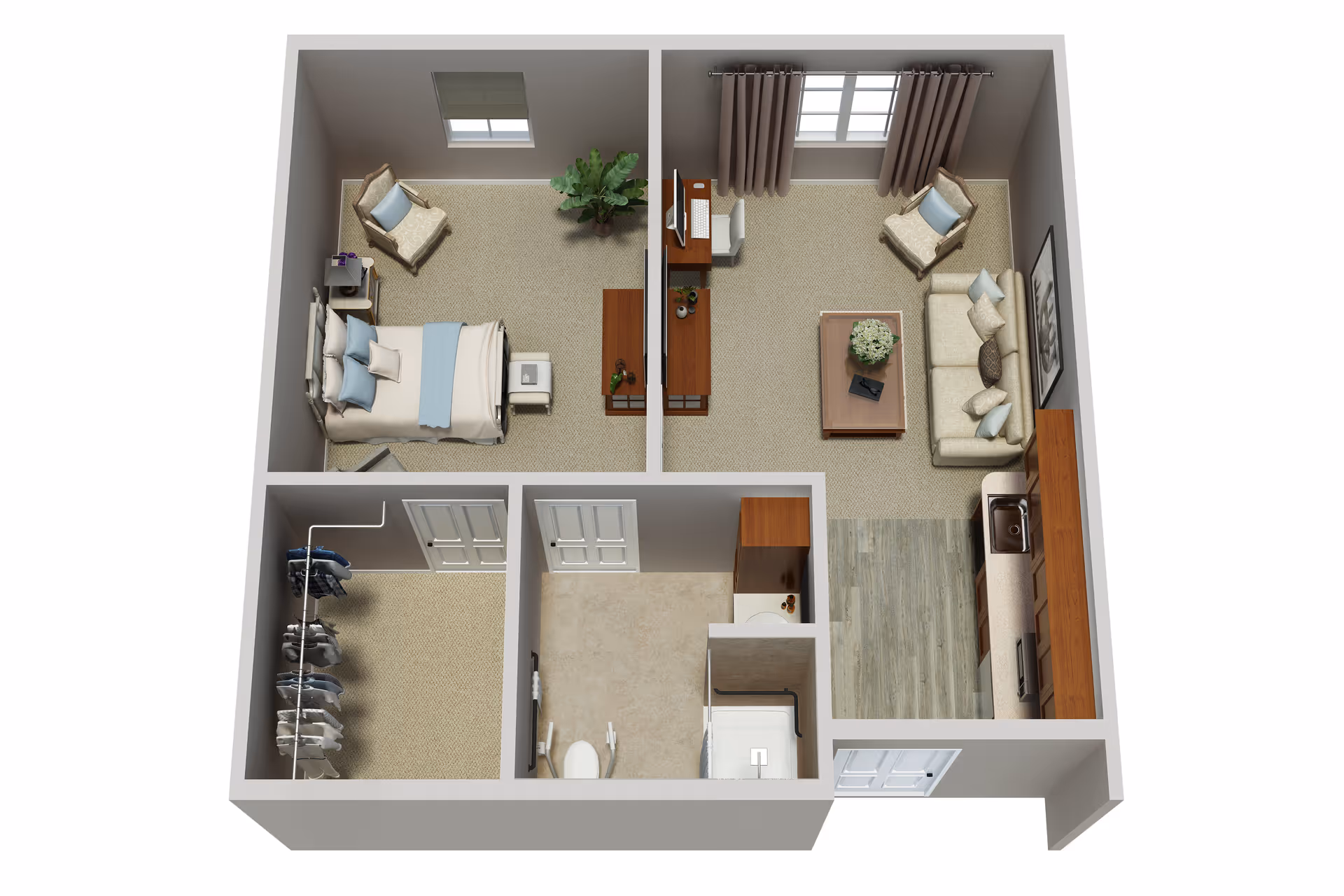 3D floor plan of a senior living apartment at The Courtyard at Centerville showing a bedroom with a bed, armchair, and nightstand; a living room with a sofa, armchair, coffee table, and TV; a kitchen area with cabinets and a sink; a bathroom with a toilet and shower; and a walk-in closet with hanging clothes.