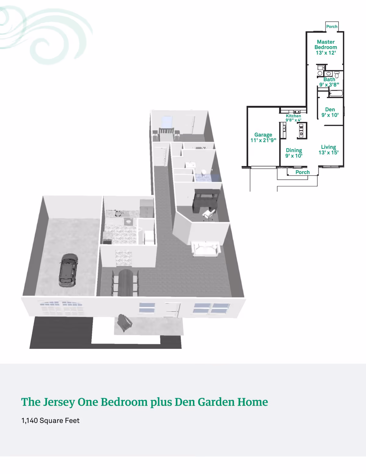 3D floor plan and 2D layout of The Jersey One Bedroom plus Den Garden Home at Beech Grove Meadows, showing a garage, kitchen, dining area, living room, den, master bedroom, bathroom, and porches.