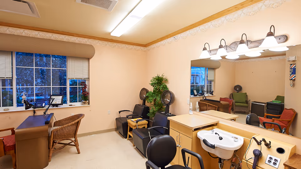 Salon-style interior with hair-styling chairs, hooded dryers, a wash sink, mirrors, and seating.