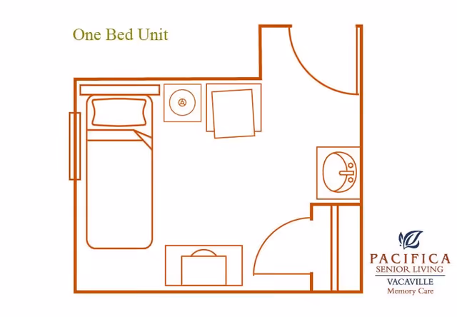 Floor plan of a one-bedroom unit at Pacifica Senior Living Vacaville Memory Care, showing a bedroom with a bed, nightstand, chair, desk, and a small bathroom with a sink and toilet.