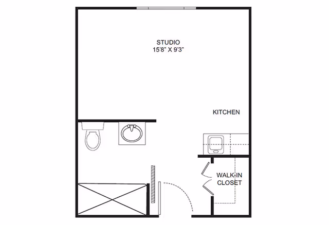 Floor plan of a studio apartment at Somerford House And Place Hagerstown showing a studio area measuring 15 feet 8 inches by 9 feet 3 inches, a kitchen, a walk-in closet, and a bathroom with a toilet and sink.