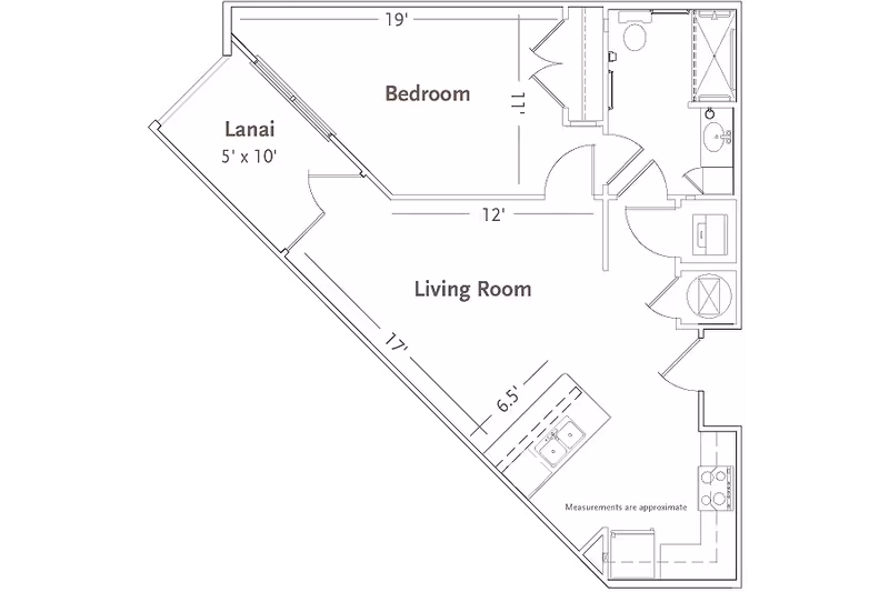 Architectural floor plan of a residential unit at Sandalwood Village showing a bedroom, living room, lanai, kitchen area, and bathroom with measurements.