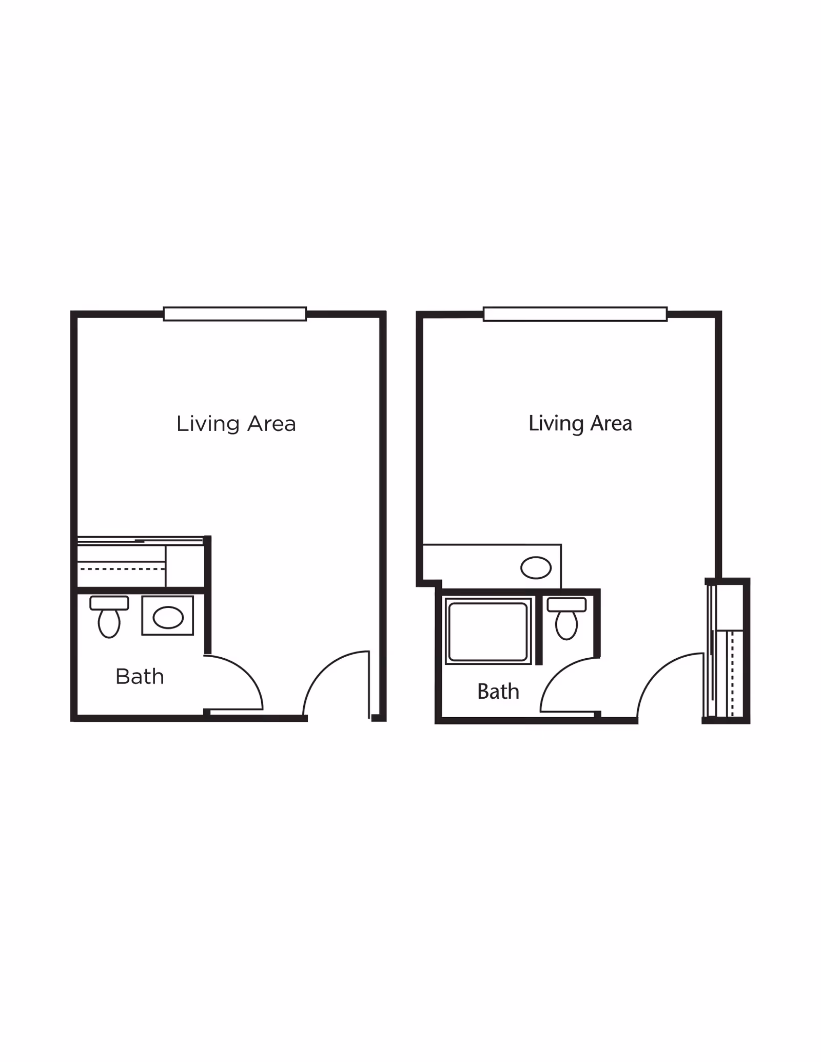 Architectural floor plan showing two studio apartment layouts, each with a living area and a bathroom. The left layout has a bathroom with a toilet and sink, while the right layout includes a bathroom with a bathtub, toilet, and sink. Both layouts have an entrance door and a window in the living area.