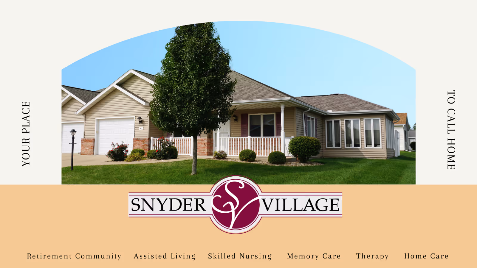 Single-story residential building with beige siding, white trim, a front porch with white railing, a garage, and a well-maintained lawn with shrubs and a tree under a clear blue sky.
