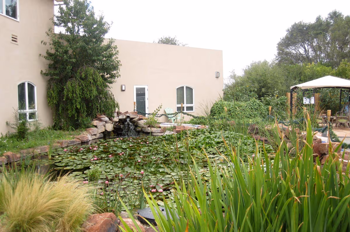Outdoor garden area at a senior living facility featuring a pond covered with lily pads and pink flowers, surrounded by tall grasses and plants. In the background, there is a beige building with windows and a door, a small waterfall flowing into the pond, and a shaded seating area with chairs under a canopy.