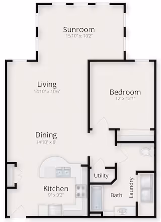 Floor plan of a residential unit at The Woodlands Retirement Community showing a sunroom, living room, dining area, kitchen, bedroom, utility room, bathroom, and laundry area with dimensions for each room.