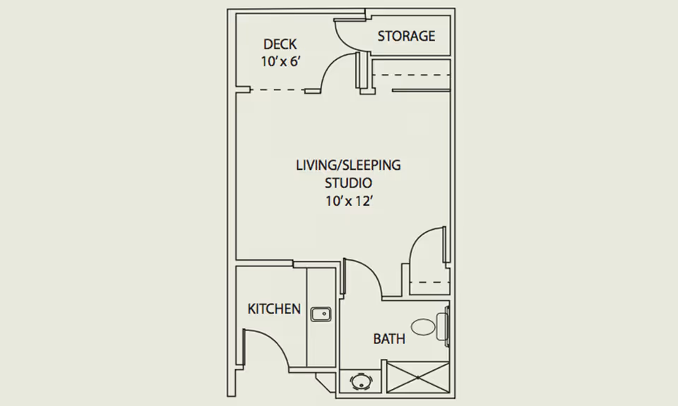 Floor plan of a studio apartment at Foothill Village Senior Living showing a living/sleeping studio area measuring 10 feet by 12 feet, a kitchen, a bathroom, a storage area, and a deck measuring 10 feet by 6 feet.