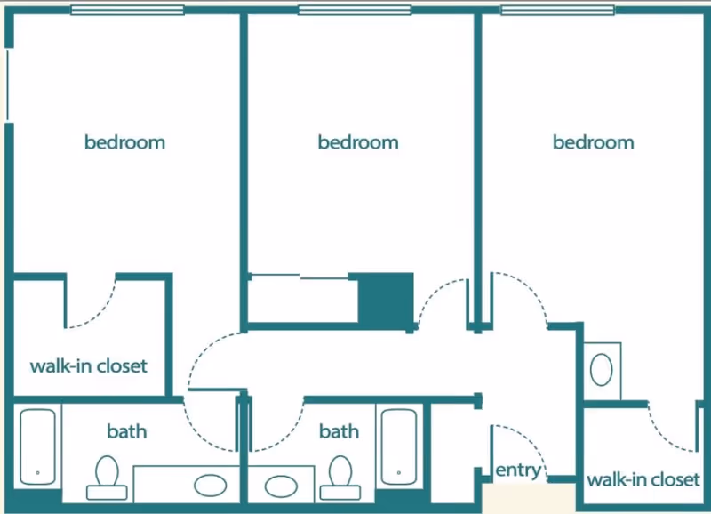 Floor plan layout showing three bedrooms, two bathrooms, two walk-in closets, and an entry area.