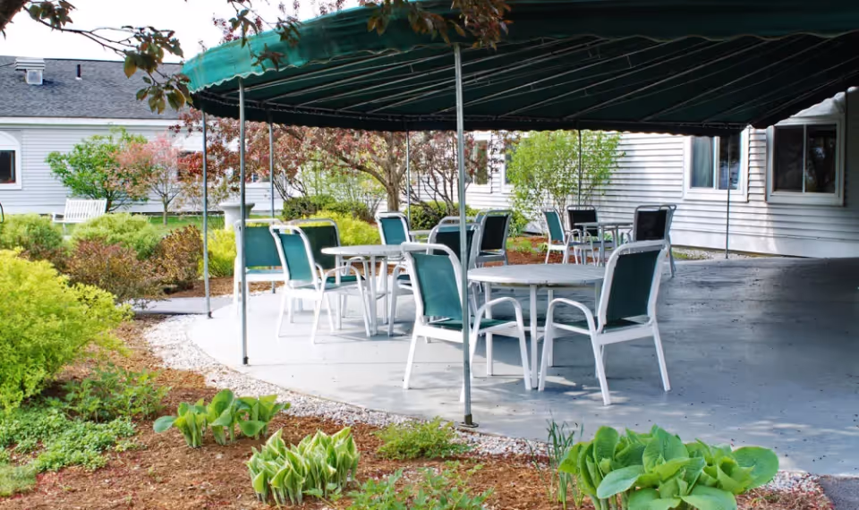 Outdoor patio area with several white tables and green chairs under a large green canopy. Surrounding the patio are various green shrubs and plants, with a white building in the background.