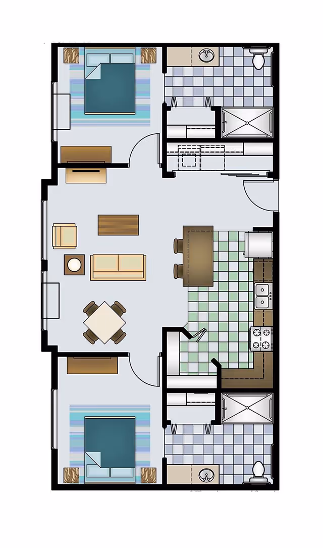 Floor plan of a residential unit featuring two bedrooms, two bathrooms, a kitchen with dining area, and a living room with seating and a coffee table.