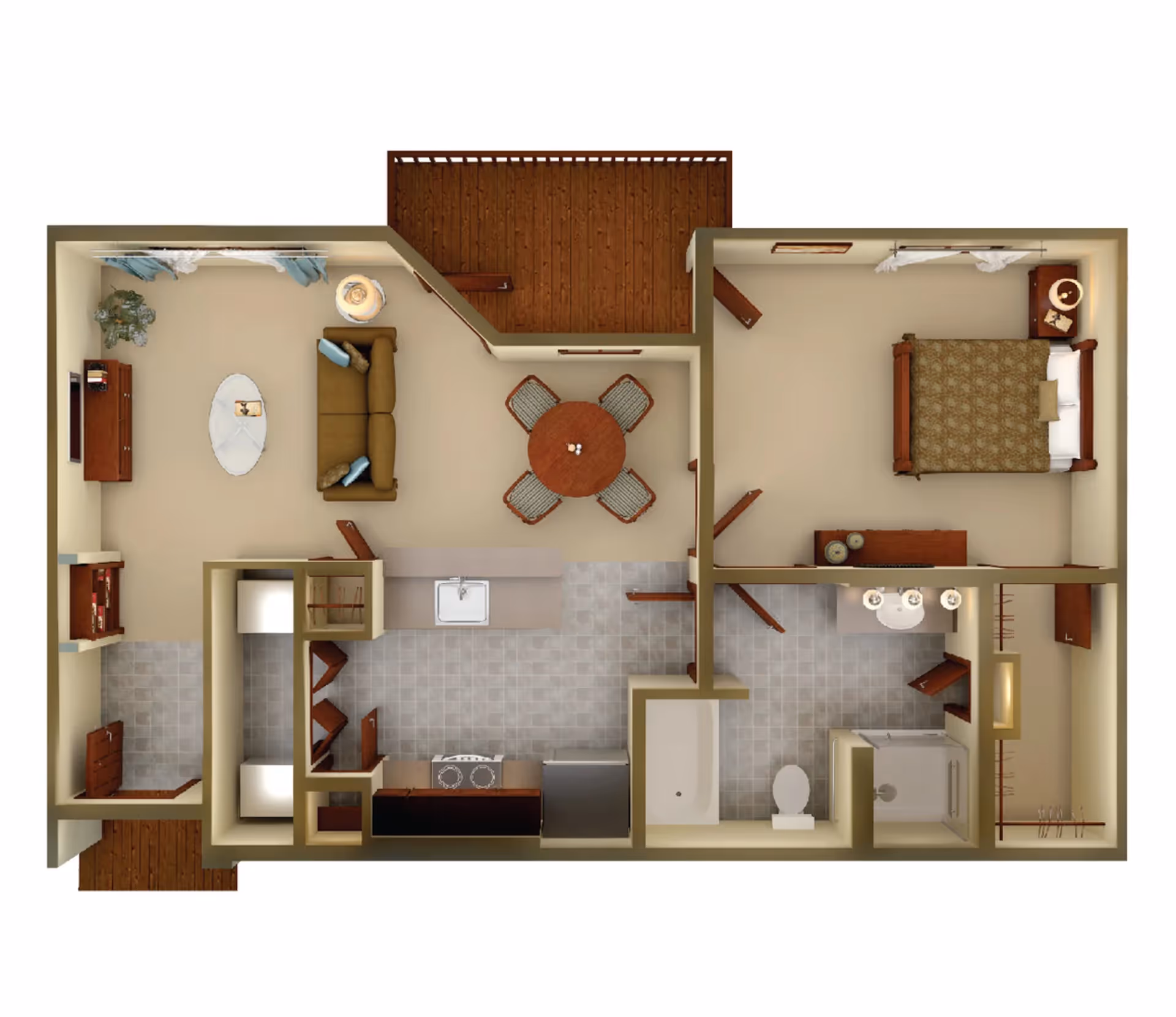 Top-down view of a senior living apartment floor plan featuring a living room with a sofa and coffee table, a dining area with a round table and four chairs, a kitchen with appliances and a sink, a bedroom with a bed and nightstands, and a bathroom with a bathtub, toilet, and shower. There is also a small outdoor balcony area.