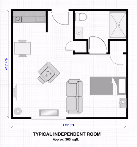 Floor plan of a typical independent 360 sq ft senior living room showing a combined living/bedroom area, kitchenette, and bathroom.