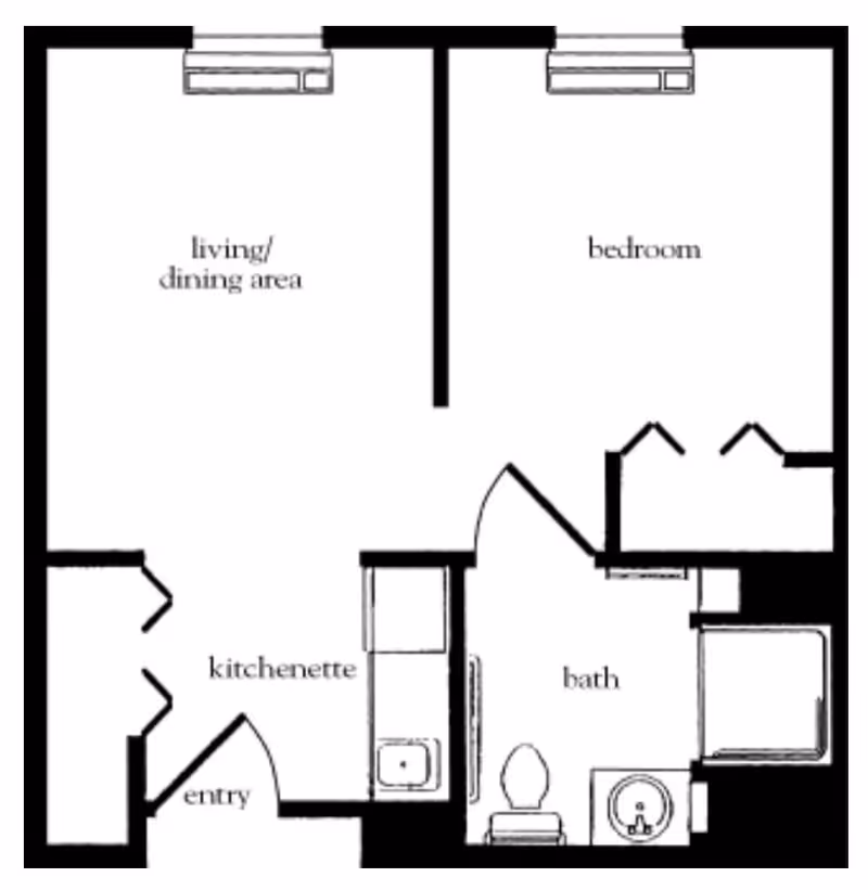 Black and white floor plan of a senior living unit at Atria Tinton Falls showing a living/dining area, bedroom, kitchenette, entry, and bathroom with fixtures.