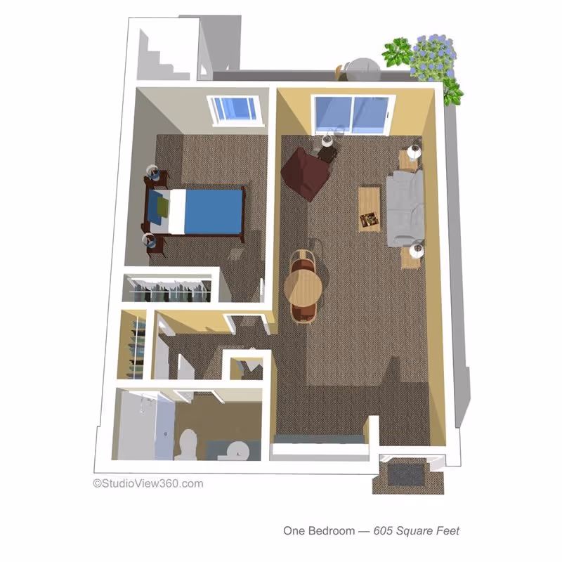 3D floor plan of a one-bedroom assisted living apartment with 605 square feet. The layout includes a bedroom with a bed and two nightstands, a living room with a sofa, armchair, coffee table, side tables, and a small round dining table with two chairs. There is a bathroom with a shower, toilet, and sink, and a closet space near the bedroom. The living room has a sliding glass door leading outside with some plants visible.