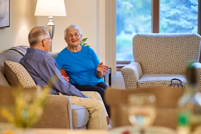 Two elderly people sitting and talking in a well-lit living room with patterned armchairs, a sofa, a lamp, and a large window showing greenery outside.