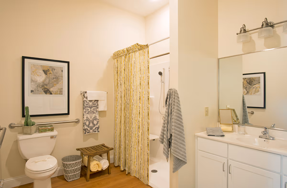 Accessible bathroom with a toilet, walk-in shower behind a yellow-striped curtain, white vanity and mirror, and decorative towels and artwork.
