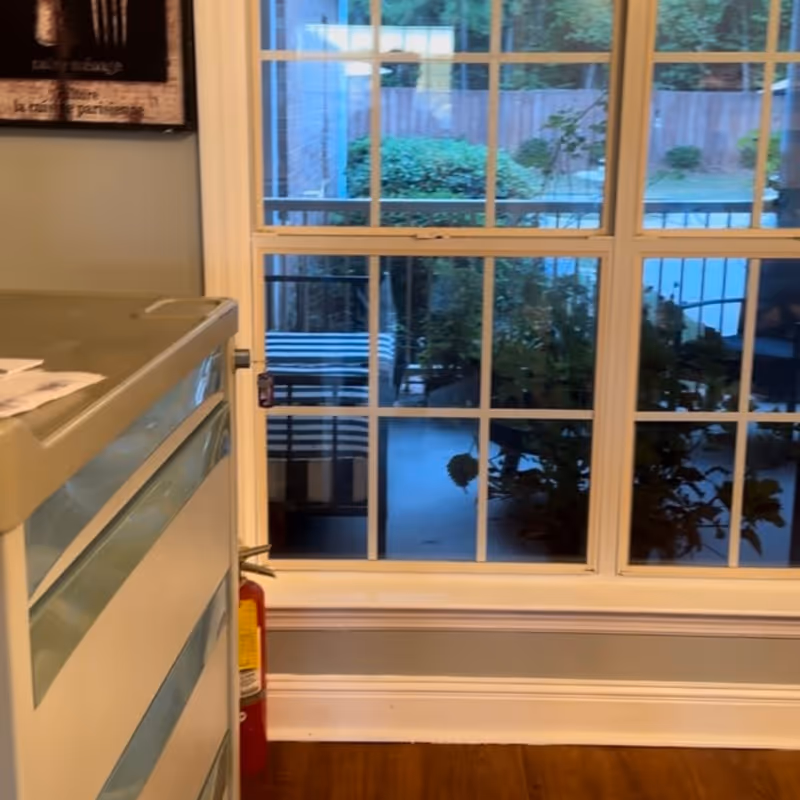 Interior view showing a window with white grid frames looking out to a patio area with plants and outdoor furniture. Inside, there is a beige cabinet or cart on the left side and a fire extinguisher on the floor near the window. Part of a framed picture is visible on the wall above the cabinet.