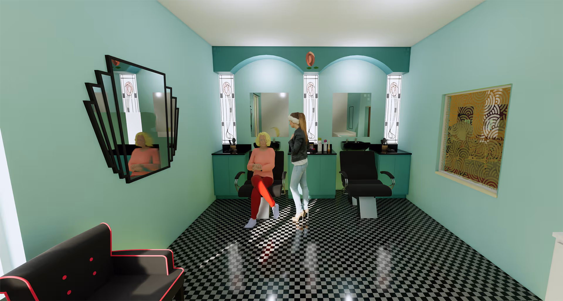 Interior of a salon room with two black salon chairs in front of mirrors and counters, a woman sitting in one chair and another woman standing beside her. The room has mint green walls, a black and white checkered floor, a decorative wall mirror on the left, and a window with patterned glass on the right.
