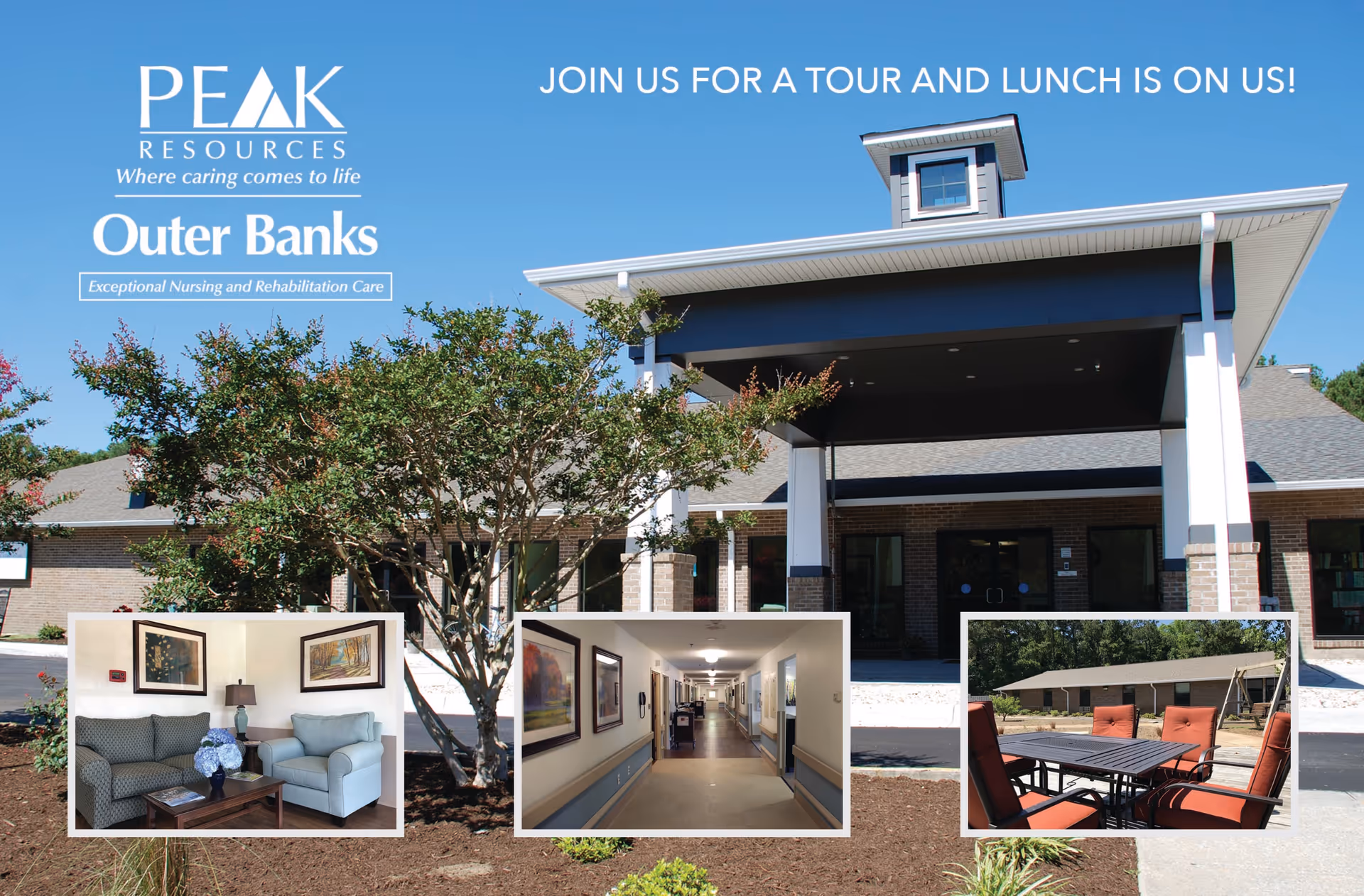 Exterior view of Peak Resources Outer Banks building with a covered entrance and a tree in front. Three inset images show a living room area with chairs and a table, a hallway inside the facility, and an outdoor patio area with a table and chairs.