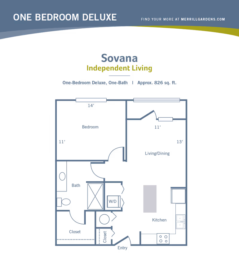 Floor plan diagram for a one-bedroom deluxe "Sovana" independent living apartment showing bedroom, living/dining, kitchen, bath, closets, and entry.