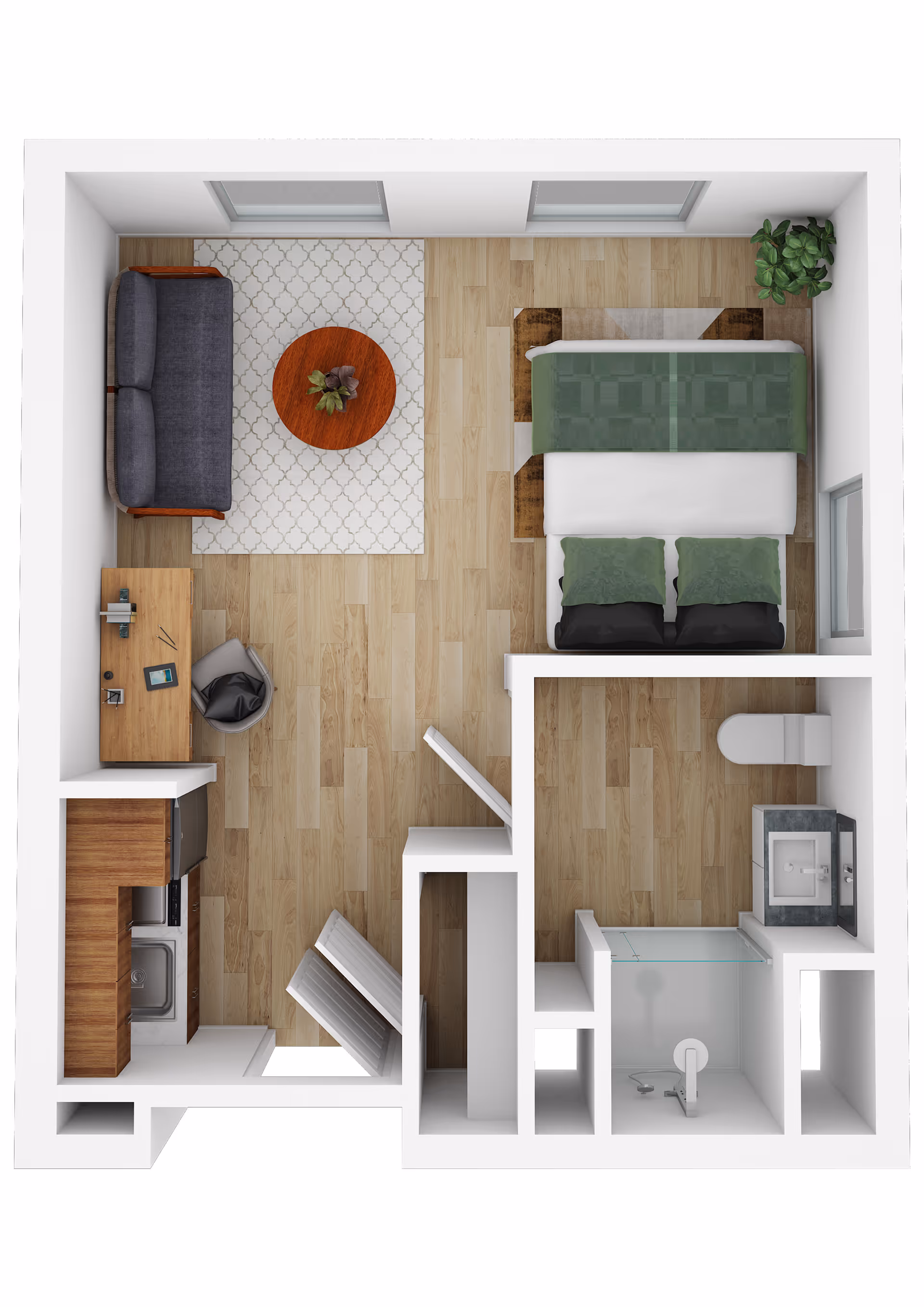 Top-down view of a small apartment layout featuring a living area with a gray sofa, round wooden coffee table on a patterned rug, a desk with a chair, a kitchenette with a sink and stove, a bedroom area with a double bed and green bedding, and a bathroom with a toilet, sink, and shower.